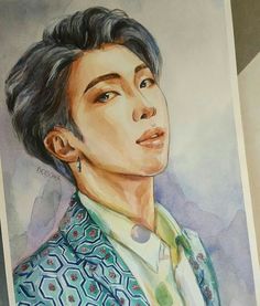 a watercolor painting of a man in a blue suit and green shirt with his hair pulled back