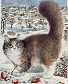 a painting of a cat in the snow with berries on it's nose and tail