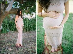 a pregnant woman is standing in the grass