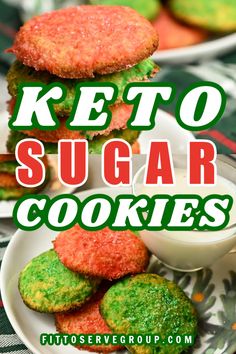 keto sugar cookies stacked on top of each other with the words keto sugar cookies