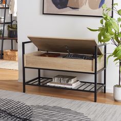 a living room with a coffee table and plant