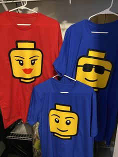 three t - shirts with lego faces on them