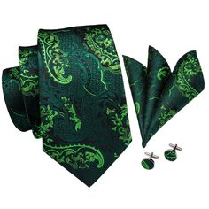 FEATURES Beautiful Eye-Catching Design High-Density Durable Fabric Perfect for Daily Dress, Business, Office, Meeting, Birthday, Wedding, Engagement, Ball Party and More Occasion. Comes in protective and simple packing, easy to wrap and ready to gift WHAT YOU GET Matching Necktie Matching Cufflinks Matching Pocket Square SPECIFICATIONS Material: 100% Jacquard Woven Silk Density of 1200 stitches Designer: Italian Necktie Size: 59.06''(150cm) in length and 3.35''(8.5cm) in width Handkerchief Size: Elegant Green Tie For Gifts, Elegant Green Tie For Gift, Elegant Green Ties As A Gift, Elegant Green Tie As Gift, Green Elegant Suit And Tie Accessories For Gift, Elegant Green Suit And Tie Accessories For Gift, Elegant Green Adjustable Suit And Tie Accessories, Scroll Pattern, Green Paisley