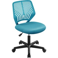 a blue office chair with wheels on an isolated white background