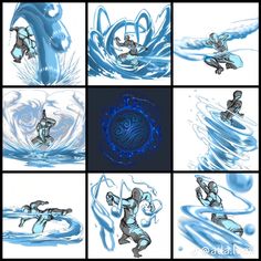 several images of the same person in different poses, one is surfing and the other is swimming