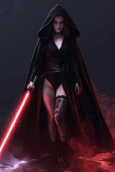 a woman dressed as darth vader with a light saber in her hand, standing on