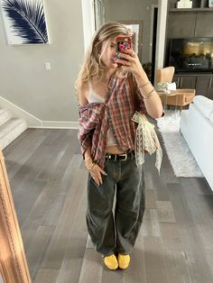 #yellowshoesoutfit #ginghamoutfit #barreljeans #freepeople 90s Hipster Fashion, Outfit To Go Thrifting, Winter Tank Top Outfits, Thrifted Outfits Women, Dayglow Concert Outfit, Cool Fits Ideas, Styling Thrifted Clothes, Thrift Clothes Outfits, Cute Thrifted Outfits