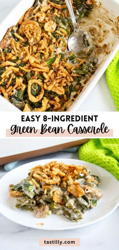 green bean casserole in a white dish with a serving spoon on the side and text overlay that reads easy 8 - ingredient green bean casserole