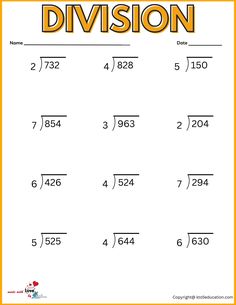 division worksheet with two digit numbers and the word division in orange, yellow and white