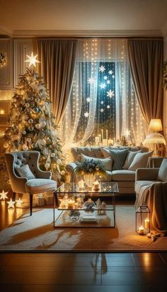 a living room filled with furniture and a christmas tree