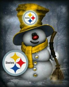 a snowman wearing a hat and scarf with a pittsburgh football logo on it's face