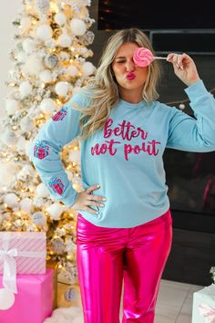 Better not pout holiday sequin pull over. This is such a fun holiday top to wear to all of your Christmas festivities, ladies! Model & Fit * Model: (5' 7" and Size 6 or S) is wearing a size Small   * In Stock Pink Sequin Top, Better Not Pout, Sequin Sweater, Sweatshirt Set, Holiday Wardrobe, Blue Sweatshirt, Pink Sequin, Workout Sweatshirt, Swimwear Sale