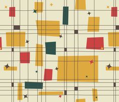 an abstract pattern with squares and rectangles in yellow, green, red, and brown