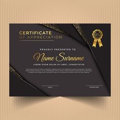 an award certificate is shown in black and gold with a ribbon around it, on a beige