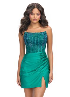 Achieve a stunning look with the Ashley Lauren 4686 Short Sheer Crystal Homecoming Dress. This formal gown features a corset boning for a flawless fit. The scoop neck design adds a touch of elegance, while the sheer crystal detailing adds a subtle sparkle. Perfect for any special occasion. Sizes: 00-18 Colors: Aqua, Emerald, Red, Turquoise, Black, Hot Pink, Royal, White Green Evening Dress With Fitted Bodice And Sweetheart Neckline, Green Gown With Fitted Bodice And Sweetheart Neckline, Green Fitted Gown With Sweetheart Neckline, Gala Evening Dress With Fitted Bodice And Straight Neckline, Green Evening Dress With Corset Back For Gala, Evening Gown With Ruched Bodice And Straight Neckline, Formal Gown With Boning And Fitted Bodice, Gown With Ruched Bodice And Straight Neckline For Evening, Gown With Fitted Bodice And Straight Neckline For Gala