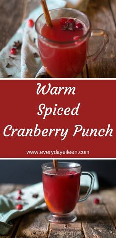 warm spiced cranberry punch in a glass mug with a cinnamon stick sticking out of it