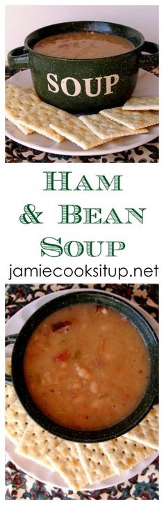 soup and pita bread on a plate with the words ham and bean soup in it