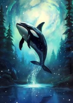 an orca jumping out of the water in front of a full moon and trees