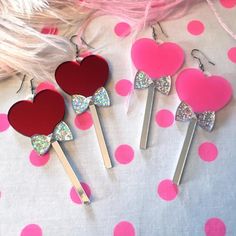 Lollipop Hearts Candy Earrings, Pink or Red, Laser Cut Acrylic, Plastic Jewelry Playful Heart Shaped Party Earrings, Playful Heart-shaped Earrings For Parties, Playful Heart-shaped Party Earrings, Kawaii Earrings For Valentine's Day Party, Kawaii Heart-shaped Earrings For Valentine's Day, Cute Heart Earrings For Valentine's Day Party, Cute Red Heart Earrings For Pierced Ears, Valentine's Day Gift Kawaii Heart Earrings, Cute Party Earrings For Valentine's Day