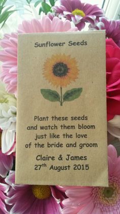 a flower seed packet with flowers in the background