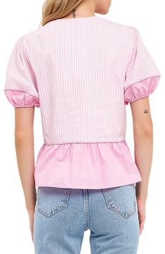 This crisp poplin top is designed with puff sleeves and a flouncy peplum. Striped and solid contrasts lend eye-catching appeal. Split neck Short sleeves Lined 100% cotton Hand wash, dry flat Imported English Factory, Poplin Top, Puff Sleeve Top, Puff Sleeves, Puff Sleeve, Sleeve Top, Top Brands, Split, Hand Wash