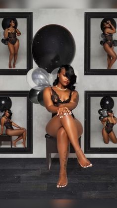 a woman sitting on top of a chair with balloons in front of her and photos behind her