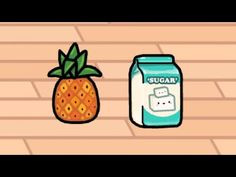 a pineapple next to a jar of sugar on a wooden floor with the word sugar written below it