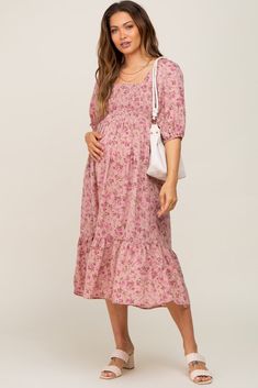 Pink Floral Smocked Maternity Midi Dress – PinkBlush Flowy Casual Maternity Dress, Maternity Midi Dress With Smocked Back, Fitted Square Neck Maternity Dress, Spring Maternity Tiered Dress, Spring Maternity Wear Tiered Dress, Short Sleeve Maternity Dress With Smocked Bodice, Casual Fitted Maternity Dress With Smocked Back, Flowy Casual Maternity Dress For Spring, Casual Flowy Maternity Dress For Spring