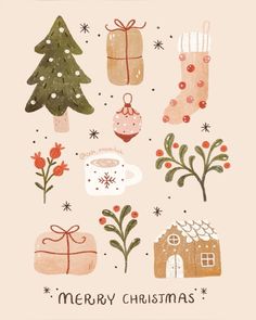 a christmas card with stockings, gifts and trees on the front is in pink tones