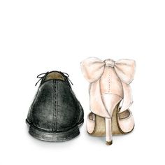 two shoes with bows on them, one in black and the other in white are facing each other