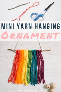 yarn hanging on a string with text overlay reading mini yarn hanging ornament