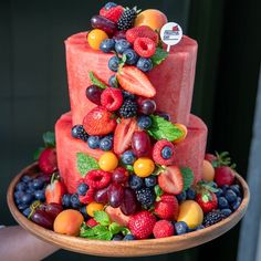 a cake made out of fruit is being held by a person