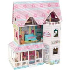 a doll house with furniture and accessories in the front, on a white background for display