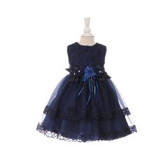 This Baby Girls Dress Features A Fully Lined Lace Covered Top, Tulle Skirt With Lace Lining, Clip-On Embellished Floral Belt, Back Zipper And Sash Tie Closure. Elegant Blue Princess Dress For Baptism, Elegant Blue Princess Dress For Dress-up, Blue Lace Dress For Pageant, Blue Lace Dresses For Pageant, Blue Lace Pageant Dress, Blue Lace Dresses For Pageants, Elegant Blue Tutu Dress For Baptism, Blue Lace Princess Dress For Party, Blue Fitted Lace Princess Dress