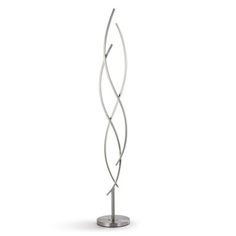 a silver metal floor lamp on a white background with an oval light fixture in the middle