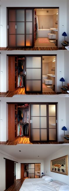 three different views of the inside of a bedroom with closets in each room and an open door to another room