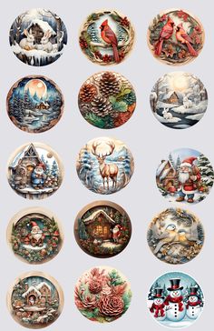 twelve christmas plates with different designs on them