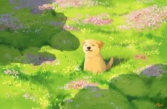 a painting of a dog sitting in the grass with flowers on it's back