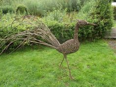 a bird made out of twigs standing in the grass next to some bushes and shrubbery