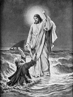 jesus walking on the water with his arms outstretched in front of him, surrounded by waves