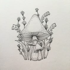 a black and white drawing of a mushroom surrounded by flowers