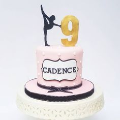 a pink cake with the number nine on it and a figure standing on top that says'99 '