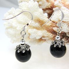 "Genuine natural black coral (not treated, not enhanced) ball solid 925 sterling silver hook dangle earrings Description : Earrings size: 10mm (approx. 3/8) wide and 29.50mm (approx. 1 3/16\") long. Hook: 925 sterling silver. Mounting: silver plated. Earrings weight: 3.1 grams. Stamp: 925." Black Coral, Leverback Earrings, Honolulu, Hook Earrings, Solid 925 Sterling Silver, Silver Plate, Etsy Earrings, Dangle Drop Earrings, Pearl Earrings