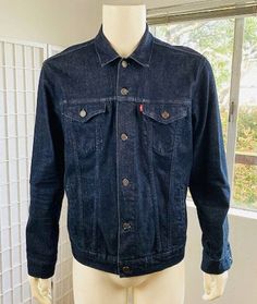 "mannequin 40 LEVIS, dark blue denim jacket, L. Good condition. Large C; 40\" L; 33\"" Dark Blue Denim Jacket, Womens Jackets, Dark Blue Denim, Blue Denim Jacket, May 22, Denim Button Up, Blue Denim, Button Up Shirts, San Francisco