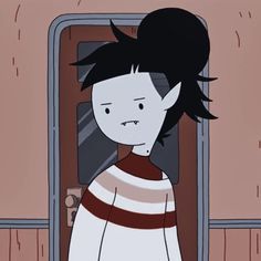 a cartoon character with black hair standing in front of a door