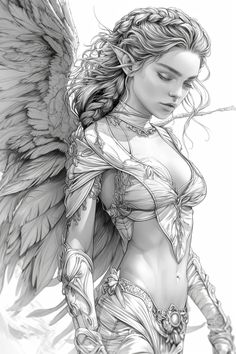 a drawing of a woman with angel wings on her chest and hands behind her back