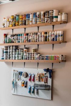 the wall is full of craft supplies and paint tubes on it's pegs