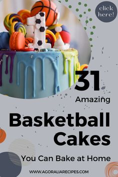 a cake with colorful icing and basketball balls on top is featured in the ad