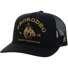 PRCA Black 5-Panel Trucker with Gold Logo - OSFA Country Hat, College Hats, Rodeo Cowboys, Country Hats, Girl Cowboy Boots, Twisted X Boots, Mens Trucker Hat, Branded Caps, Types Of Hats