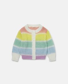 Rainbow Stripe Cardigan-Multicoloured-large Rainbow Knit Sweater For Spring, White Knitted Sweater For Playtime, Multicolor Fall Sweater For Playtime, White Long Sleeve Cardigan For Playtime, Multicolor Spring Playtime Outerwear, Multicolor Spring Outerwear For Playtime, Playful Spring Sweater For Playtime, Playful Sweater For Spring Playtime, Playful White Winter Cardigan